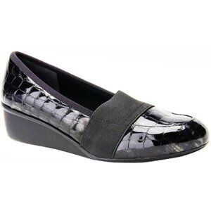 Ros Hommerson Wedges Womens Size 7 Erica Black Croc Patent Leather Iridescence